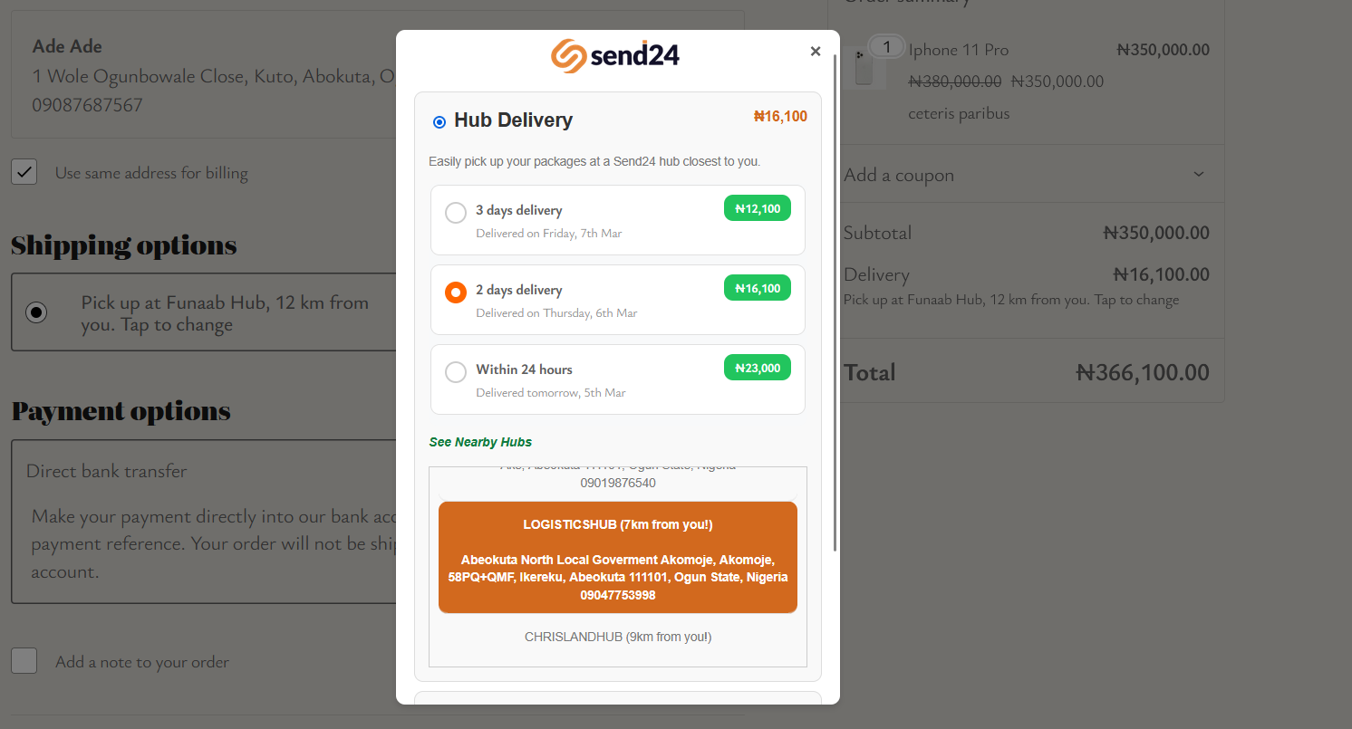 Delivery Options Modal Delivery Options Modal